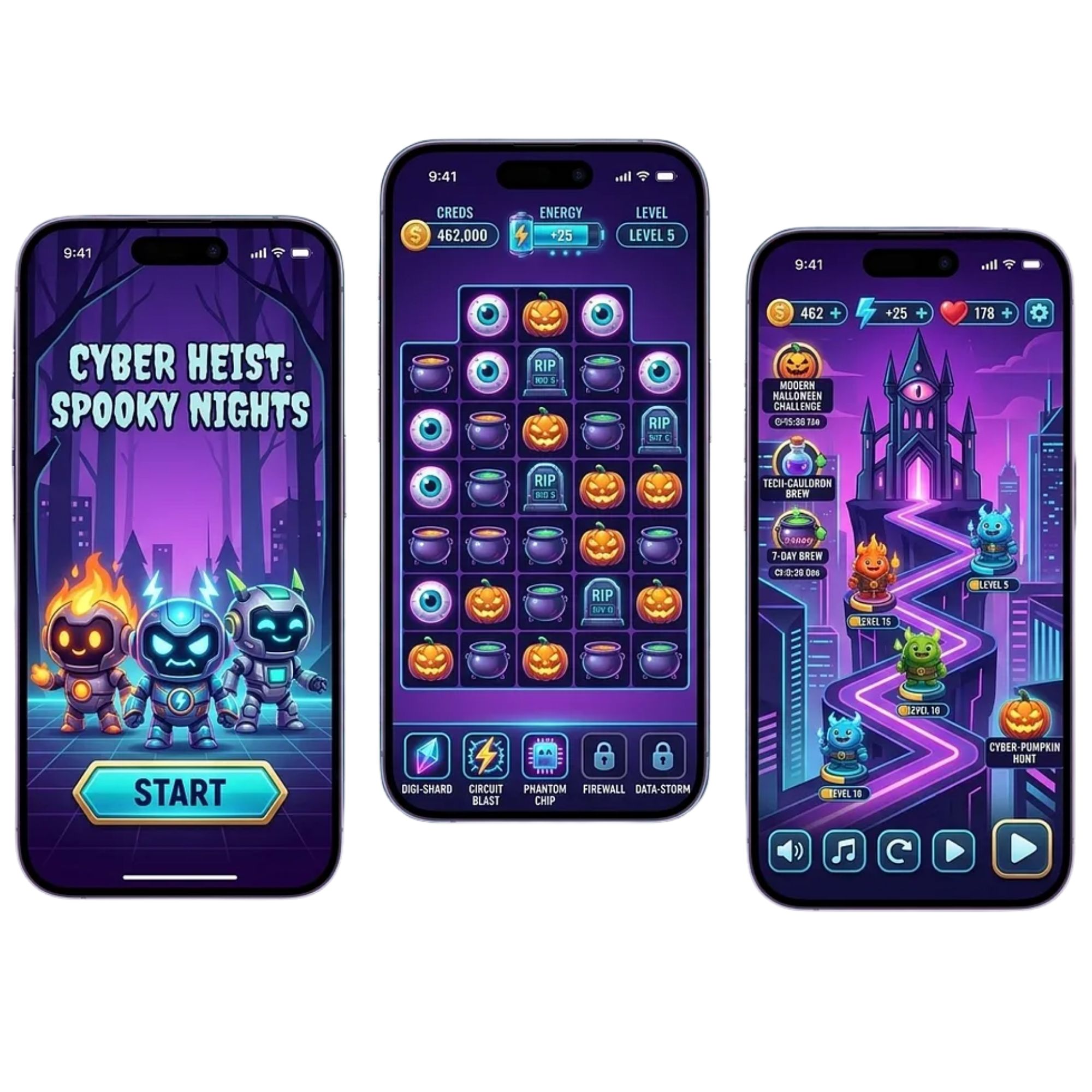 Professional 2D game development services with mobile game screens, arcade gameplay, puzzle mechanics, game UI, and animated character visuals