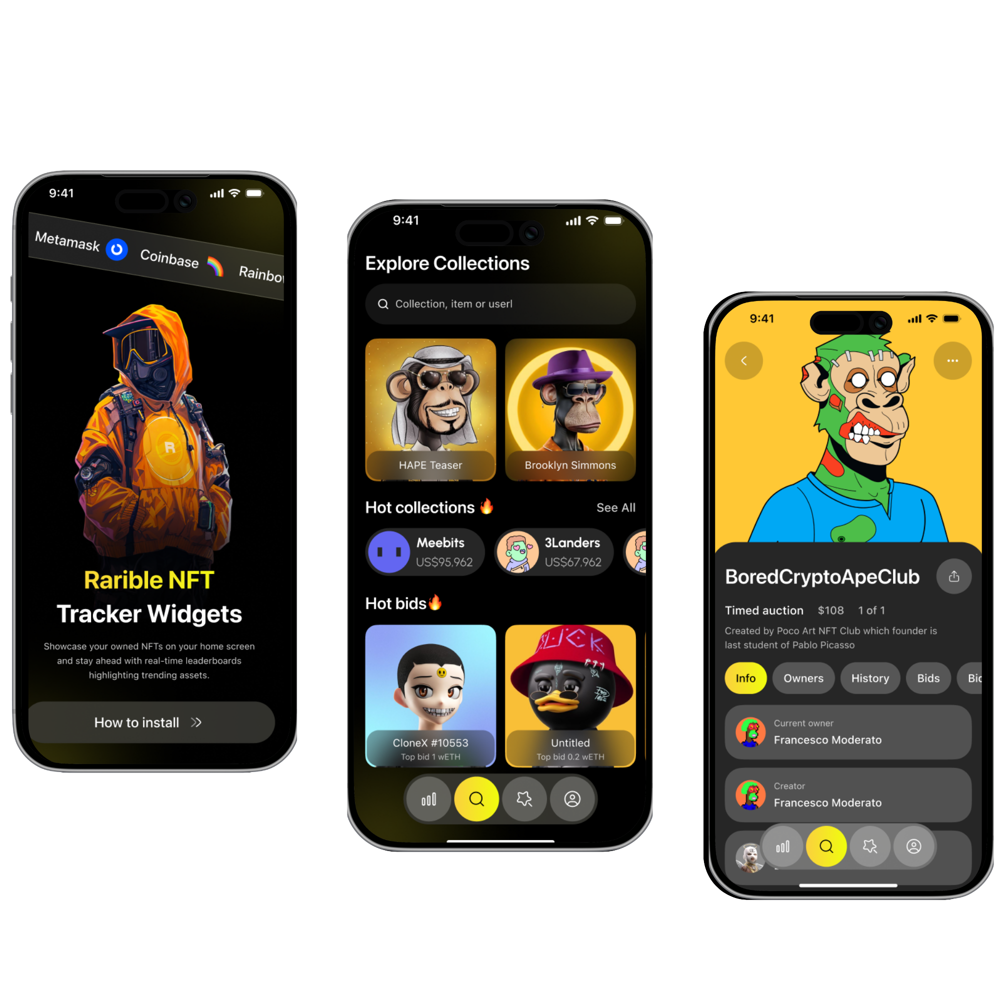 Professional NFT development services with minting platform screens, marketplace layouts, wallet connectivity, and digital asset visuals